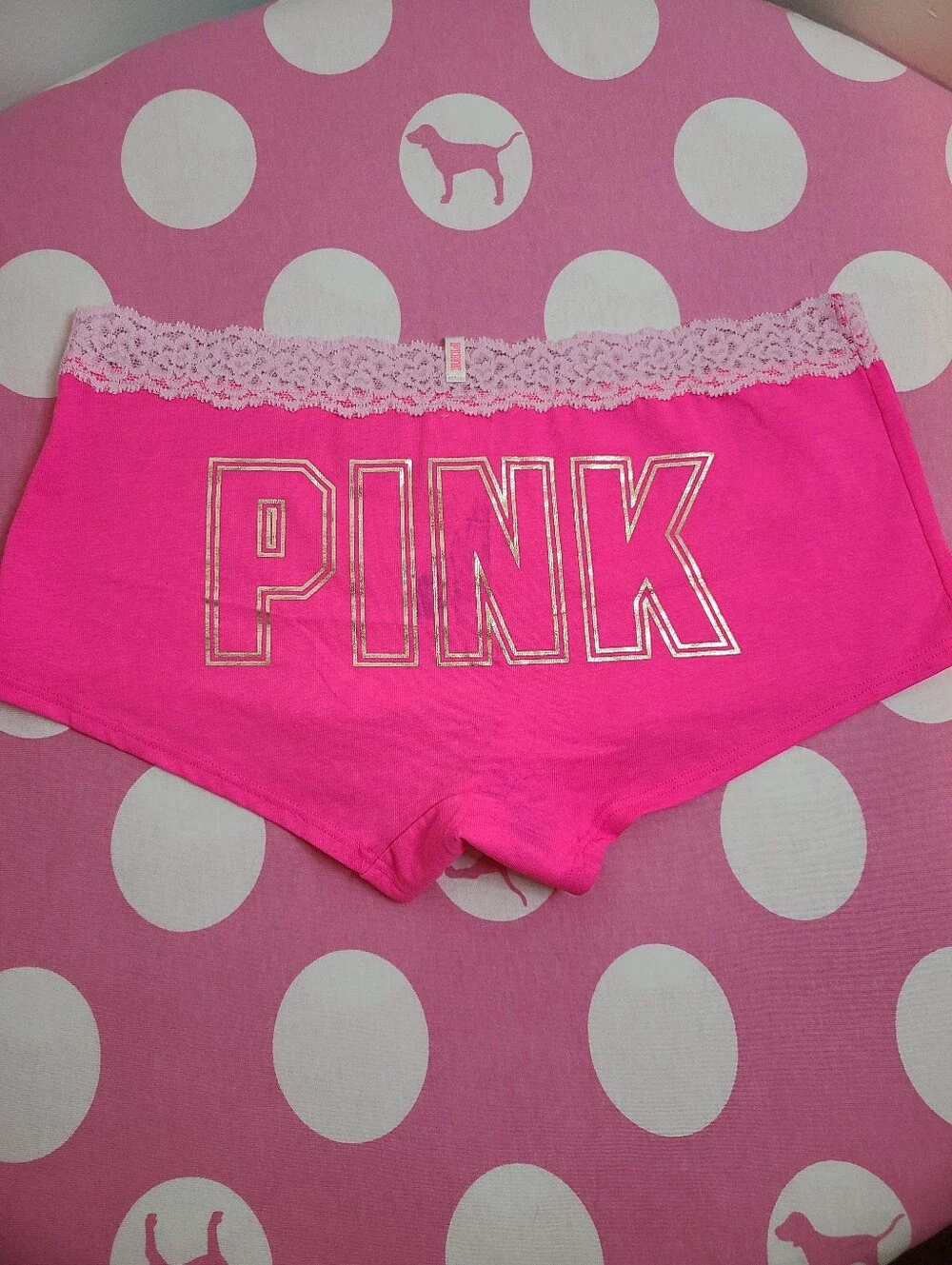 Retro VS PINK Lace Trim Cotton Logo Bum Boyshort Panty Size M Pink